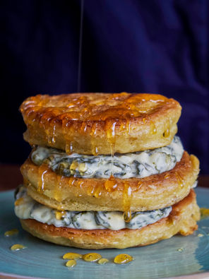 Lemon Olive Oil Pancakes with Hot Honey 