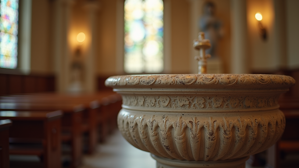 Close-up view of a beautifully decorated baptismal font in a church