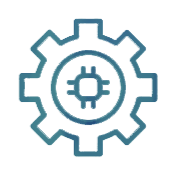 A teal icon of setting and chipset in the middle