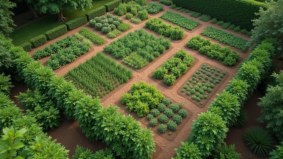 High angle view of a garden divided into sections for crop rotation