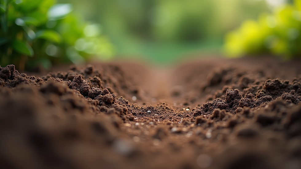 Eye-level view of garden soil with fertilizer granules spread evenly