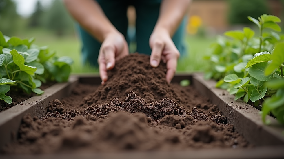 Eye-level view of a gardener spreading compost in a raised garden bed