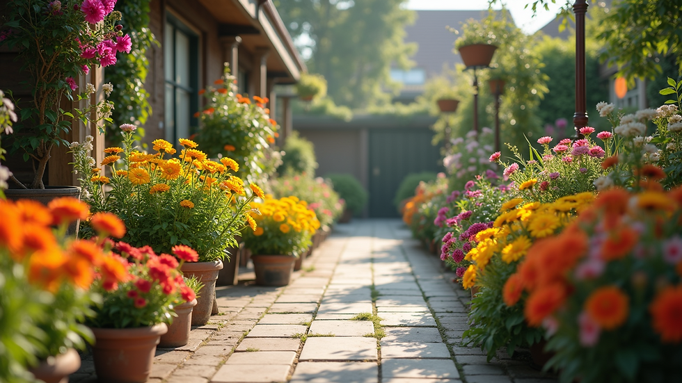 Eye-level view of a vibrant garden center with colorful plants and flowers