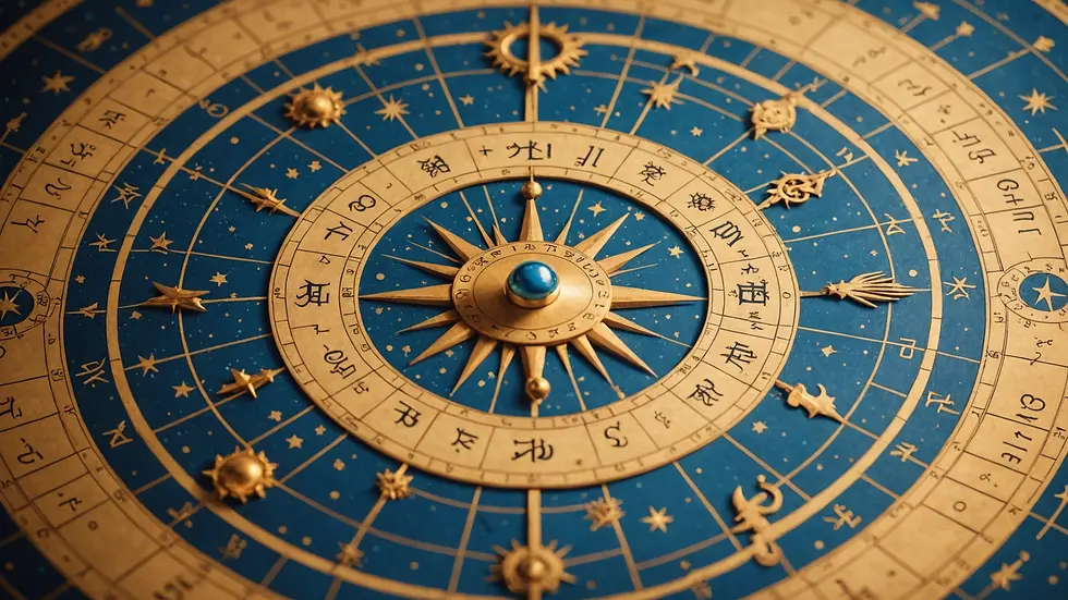 Eye-level view of a close-up astrological chart with zodiac symbols