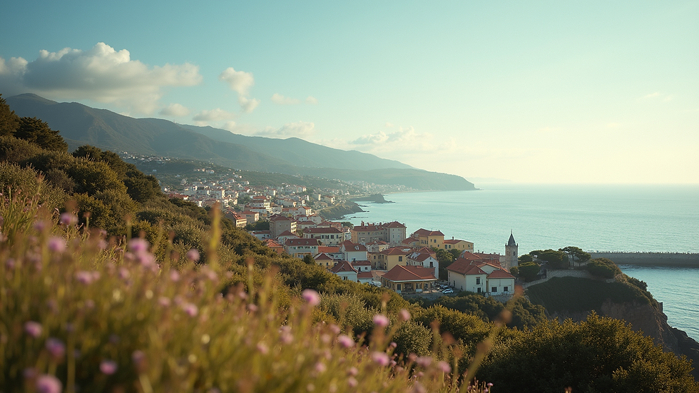 Eye-level view of serene coastal town setting