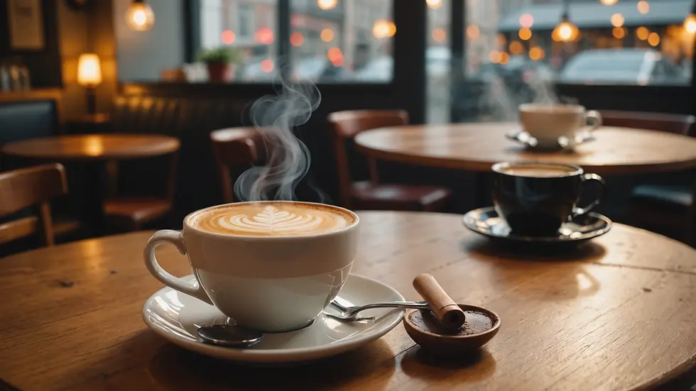 Close-up view of a cozy coffee shop table with a steaming cup