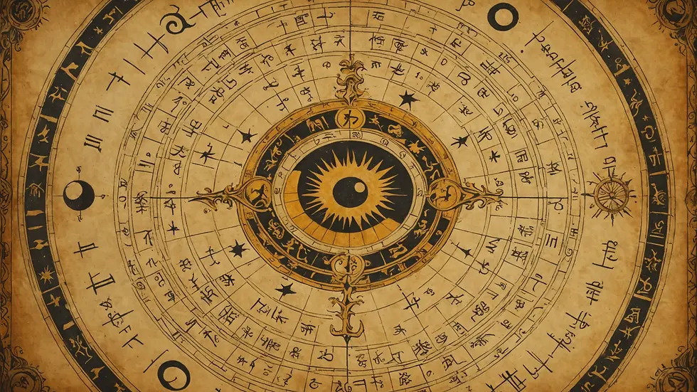Eye-level view of astrological signs on ancient parchment