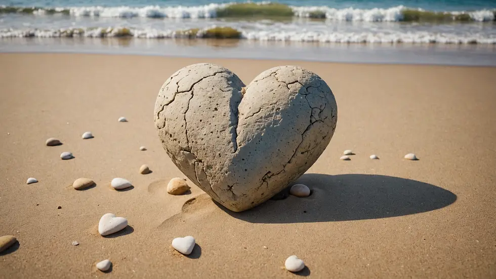 Eye-level view of a heart-shaped rock on a beach shoreline