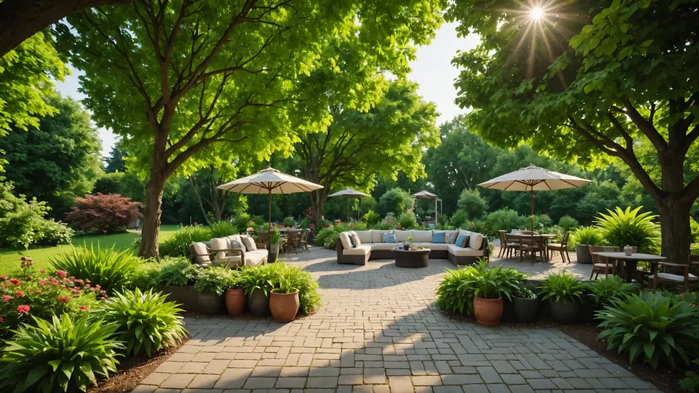 Wide angle view of a tranquil outdoor gathering spot surrounded by lush greenery