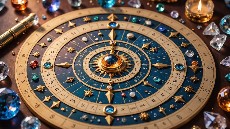 Eye-level view of an astrological chart surrounded by crystals
