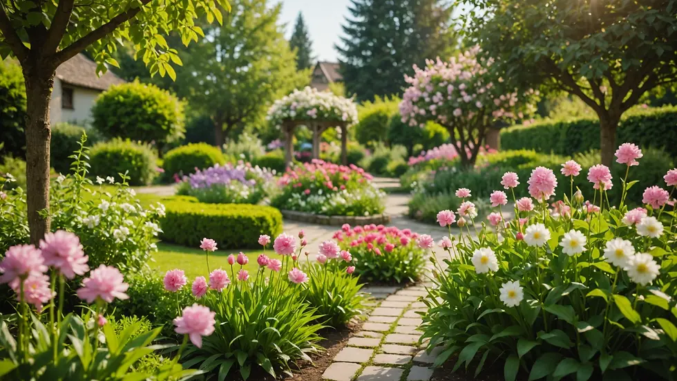 Eye-level view of a serene outdoor garden with blooming flowers