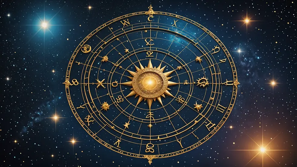 Close-up view of astrological signs and symbols on a starry background