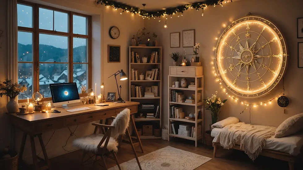 Eye-level view of a cozy astrology studio filled with heavenly decorations