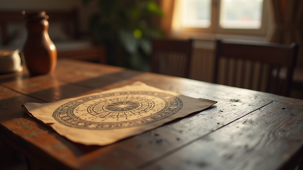 Eye-level view of astrological symbols on a wooden table