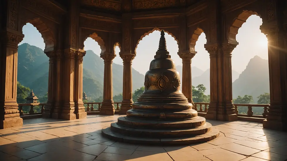 Eye-level view of a peaceful temple with a Shivling