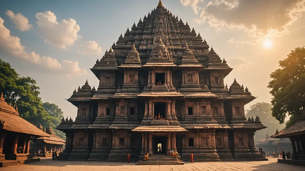 An eye-level view of a serene Shiva temple, where many gather to seek blessings.