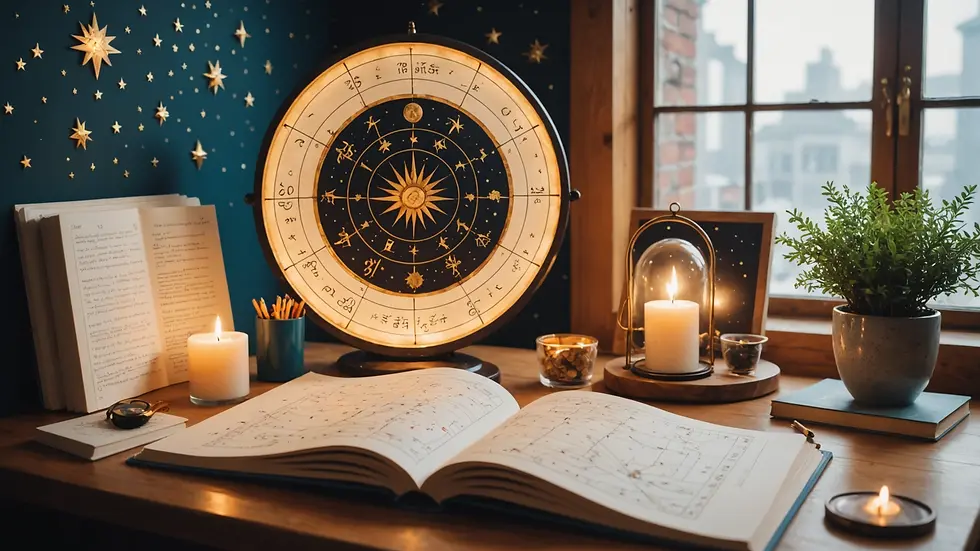 Eye-level view of a cozy astrology consultation space with charts and books