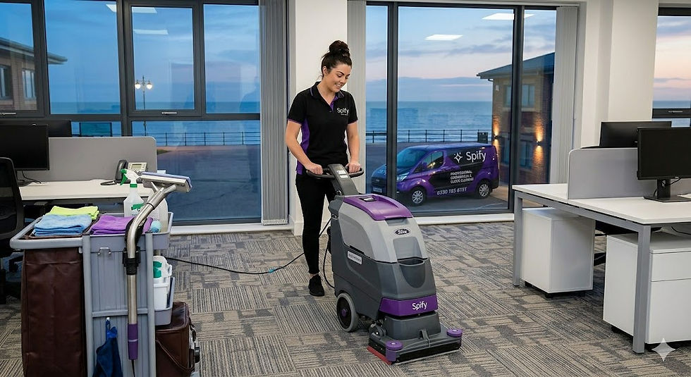 A professional Spify commercial cleaner in black and purple uniform operating a carpet extraction machine in a office at twilight, with a branded Spify van visible outside near the coast.