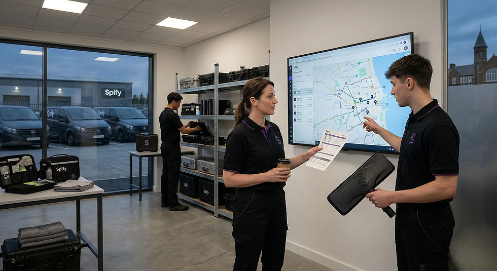 Inside the Spify cleaning company headquarters: a staff member in a black and purple uniform reviews a digital logistics map on a large wall-mounted screen while holding a coffee. In the background, another employee organizes equipment on metal shelving, with branded Spify vans visible through the window.
