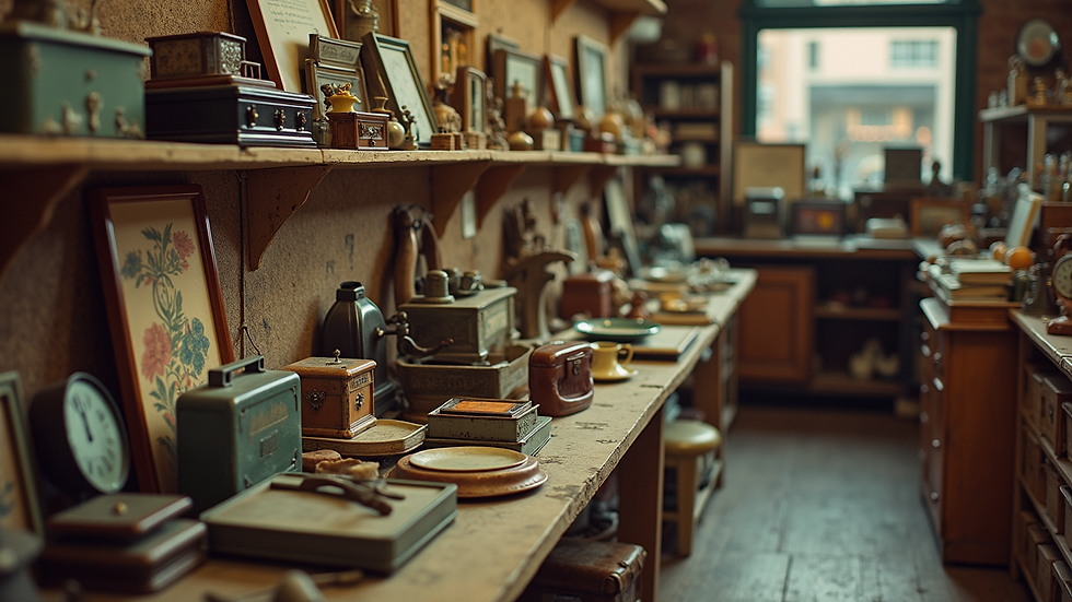 High angle view of vintage items displayed at a thrift store