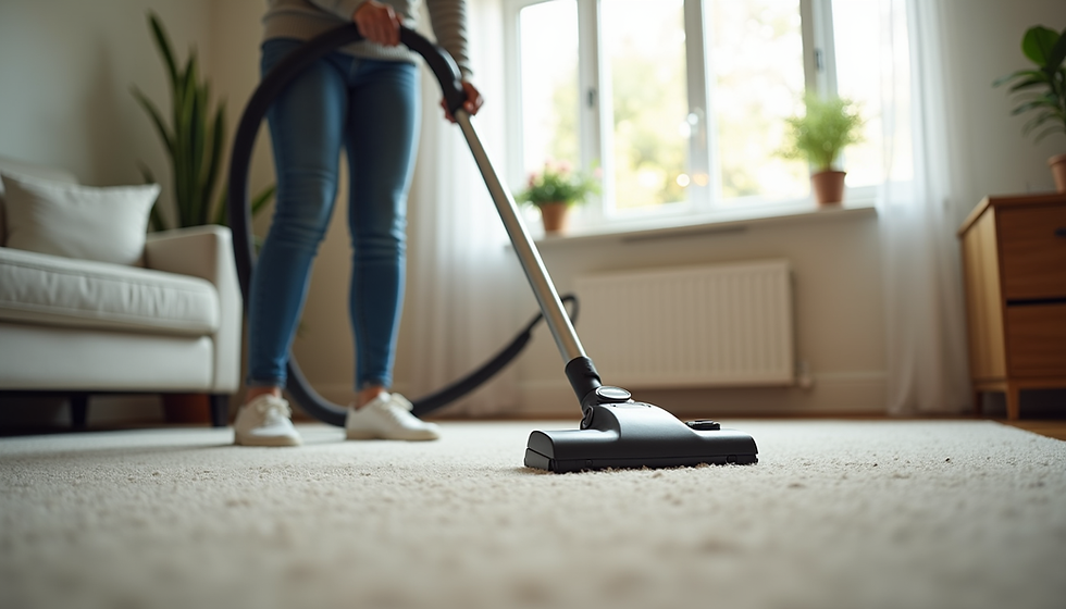 A domestic cleaner working efficiently in a living room