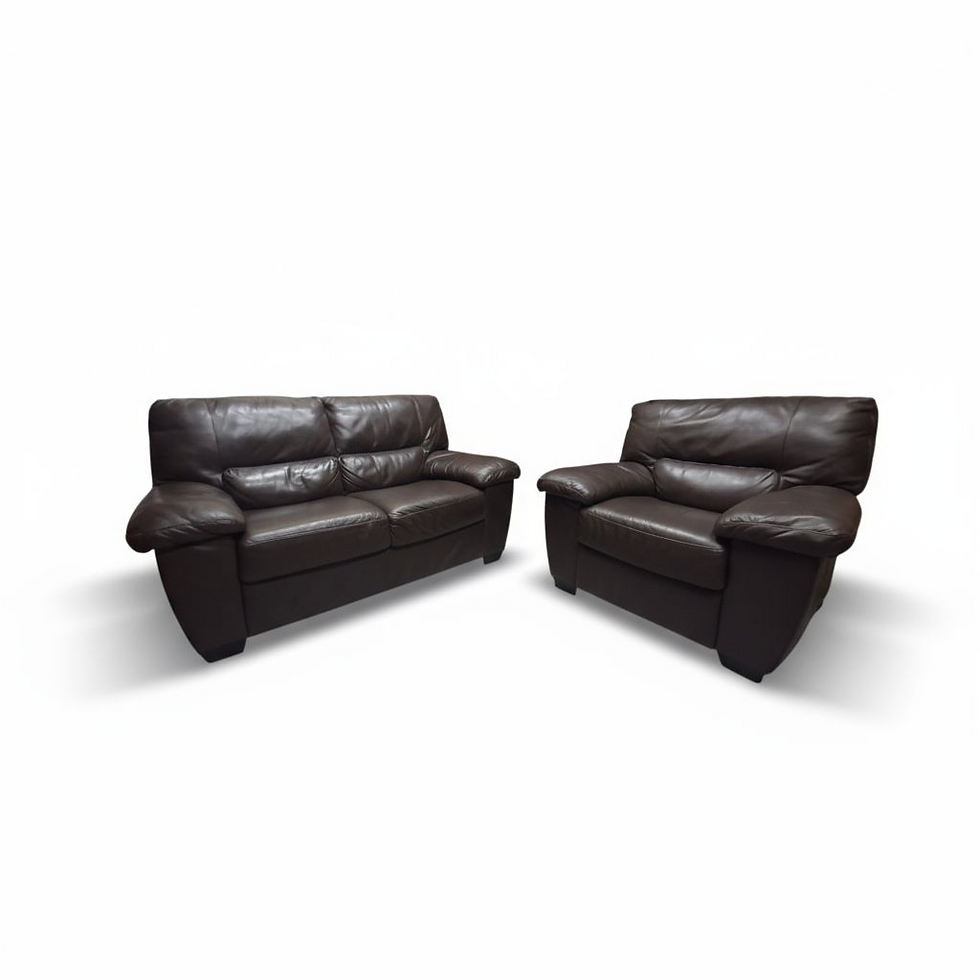 A pre-owned two-piece sofa set, including a two-seater sofa and a matching armchair, both in brown leather.