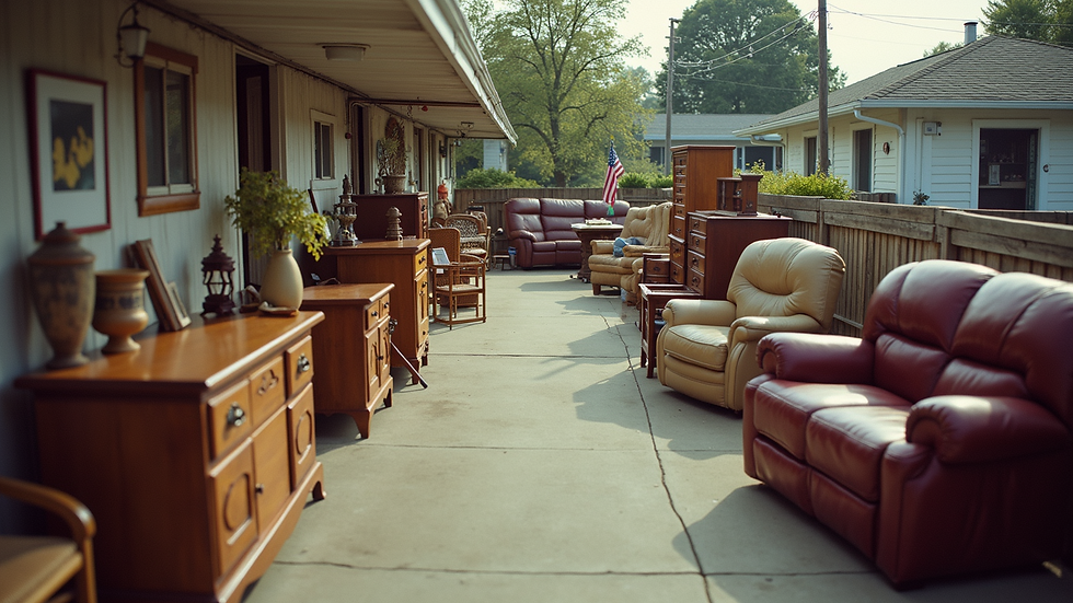 High angle view of a community garage sale showcasing various used furniture items