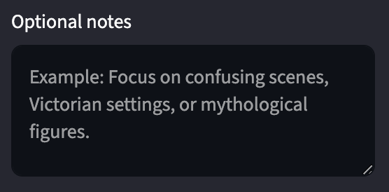 Dark-themed notes form with Optional notes header and a text box showing example placeholder text.