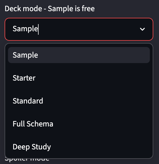Dark UI dropdown for deck mode open with Sample selected; options include Starter, Standard, Full Schema, and Deep Study.