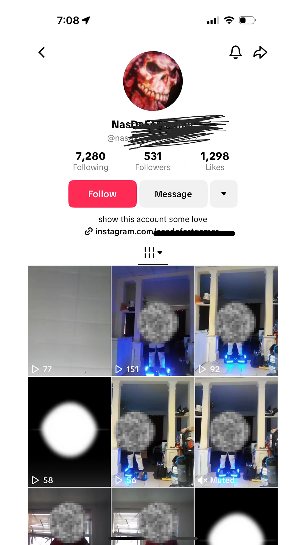 TikTok profile with skull avatar, 7,280 following, 531 followers, 1,298 likes. Videos show a person on a hoverboard in a dim room. Buttons for "Follow" and "Message" visible. This is the profile I reported for looking underage, childs face blurred for privacy