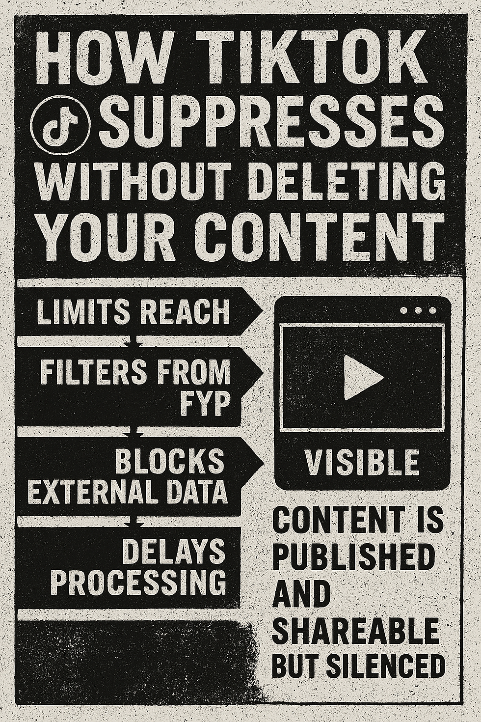 Infographic with bold text on an off-white background explains how TikTok limits content: "Limits reach," "Filters from FYP," "Blocks external data," and "Delays processing."