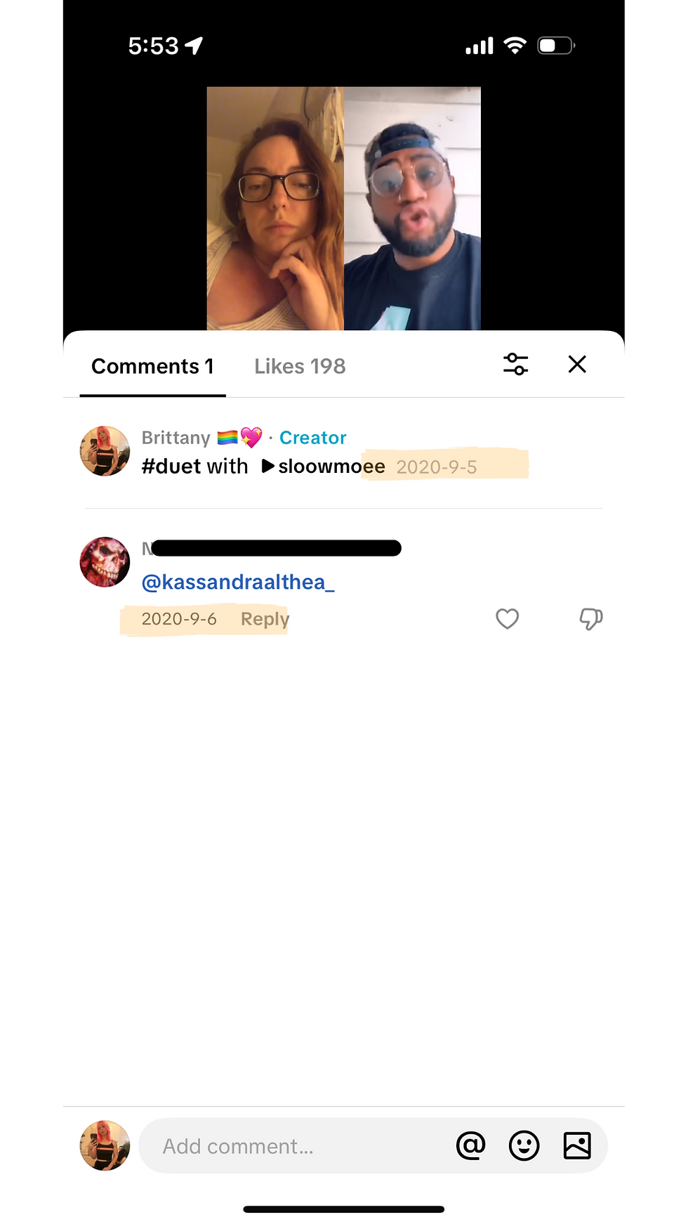 Split-screen video: one person posing thoughtfully, the other speaking animatedly. Comments and likes are visible below. Screen shows time 5:53.