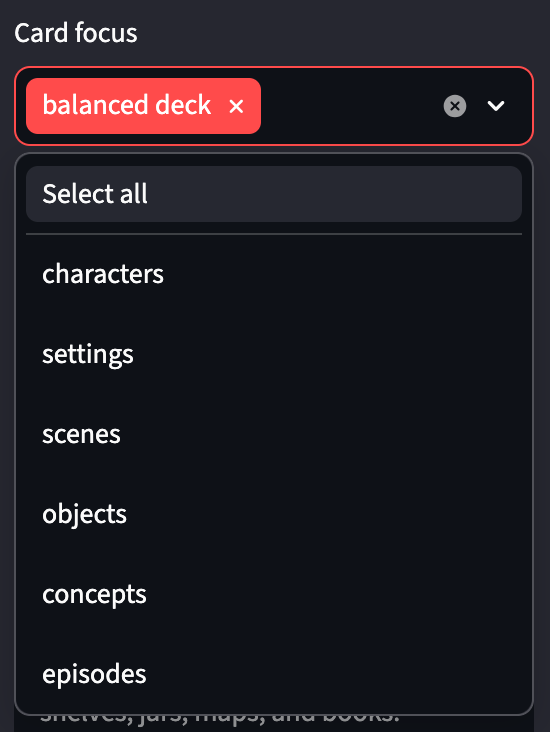 Dark UI dropdown labeled Card focus with balanced deck selected and options like Select all, characters, settings, scenes, objects, concepts, episodes
