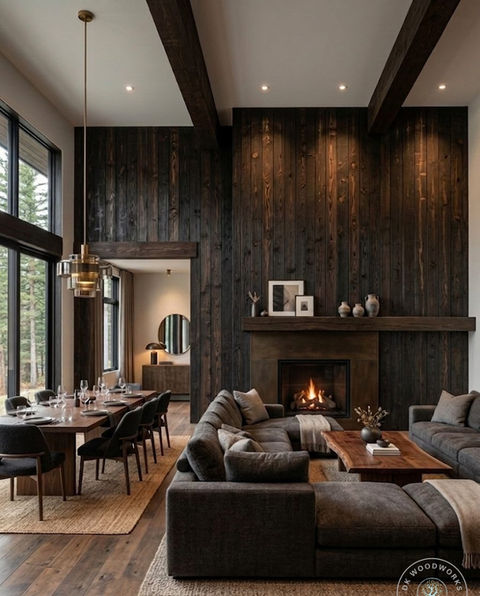A luxurious modern living room featuring a dark, charred wood accent wall, a fireplace with a wooden mantel, a large sectional sofa, and a dining area with a long wooden table, all illuminated by natural light from floor-to-ceiling windows.