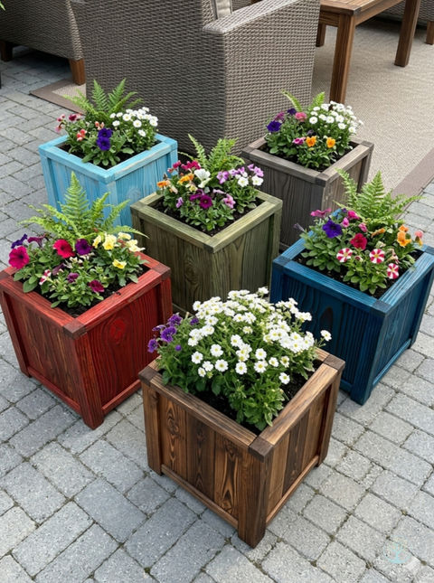 Six square wooden planters in various stain colour finishes featuring a high-texture burnt wood process.