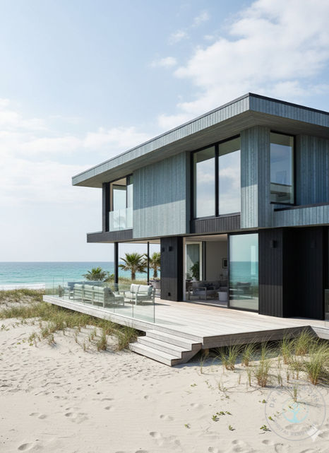 A rendering of a modern beach house on a sandy beach.