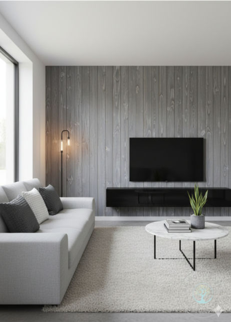A contemporary living room featuring a floor-to-ceiling vertical wood accent wall in a light gray finish, with a wall-mounted TV and a light gray sofa.