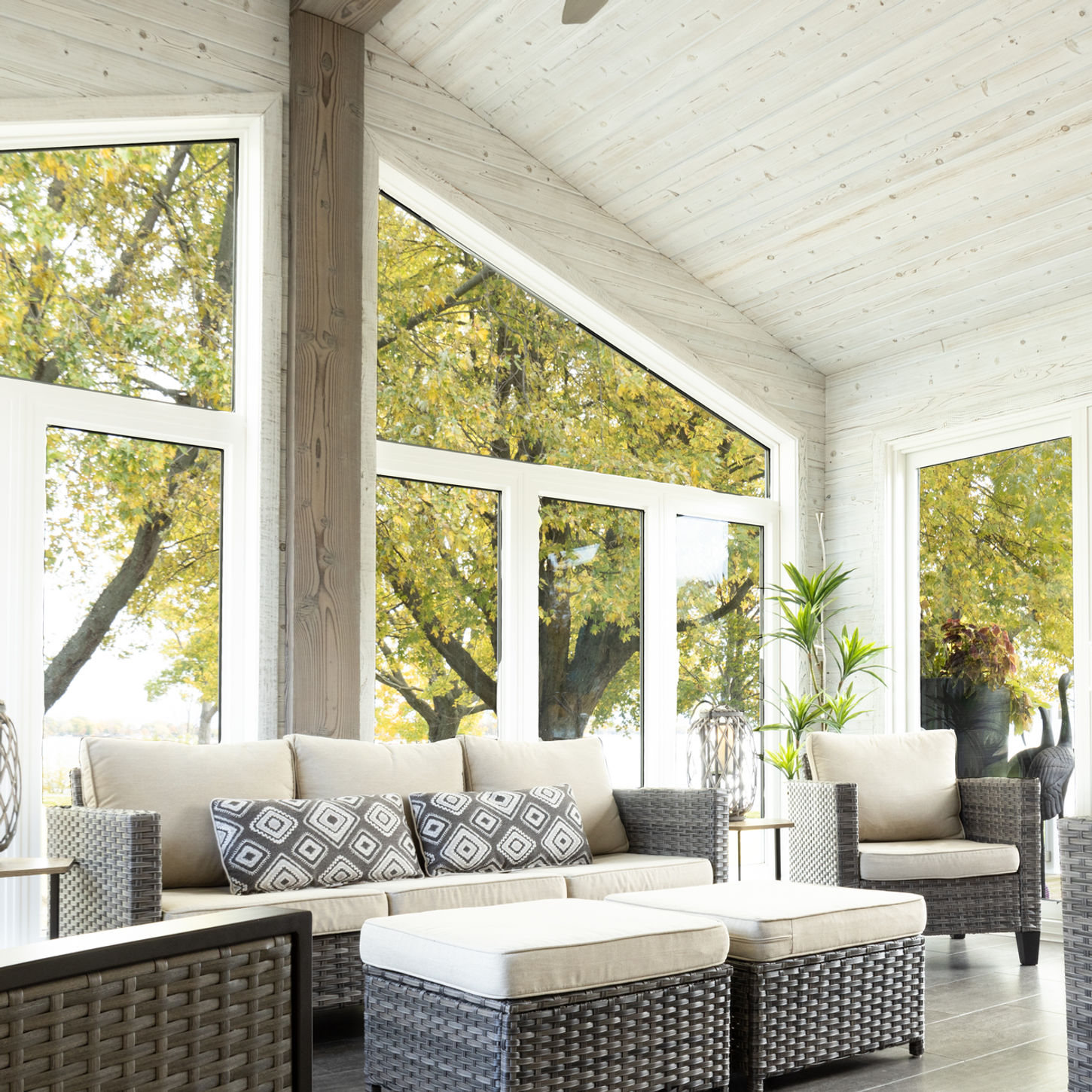 A bright sunroom with large windows overlooking trees, featuring a textured charred cedar ceiling and dark burn Douglas fir faux beams.