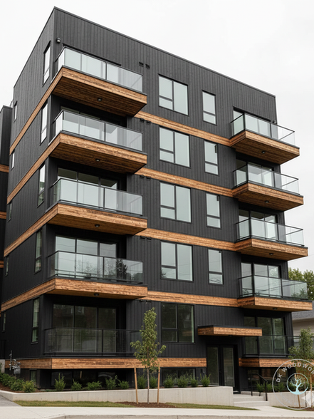 A rendering of a modern five-story apartment building with black siding and prominent natural wood balconies using glass railings. All lumber depicted is DK Woodworks product.