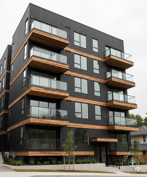 A rendering of a modern five-story apartment building with black siding and prominent natural wood balconies using glass railings.  All lumber depicted is DK Woodworks product.