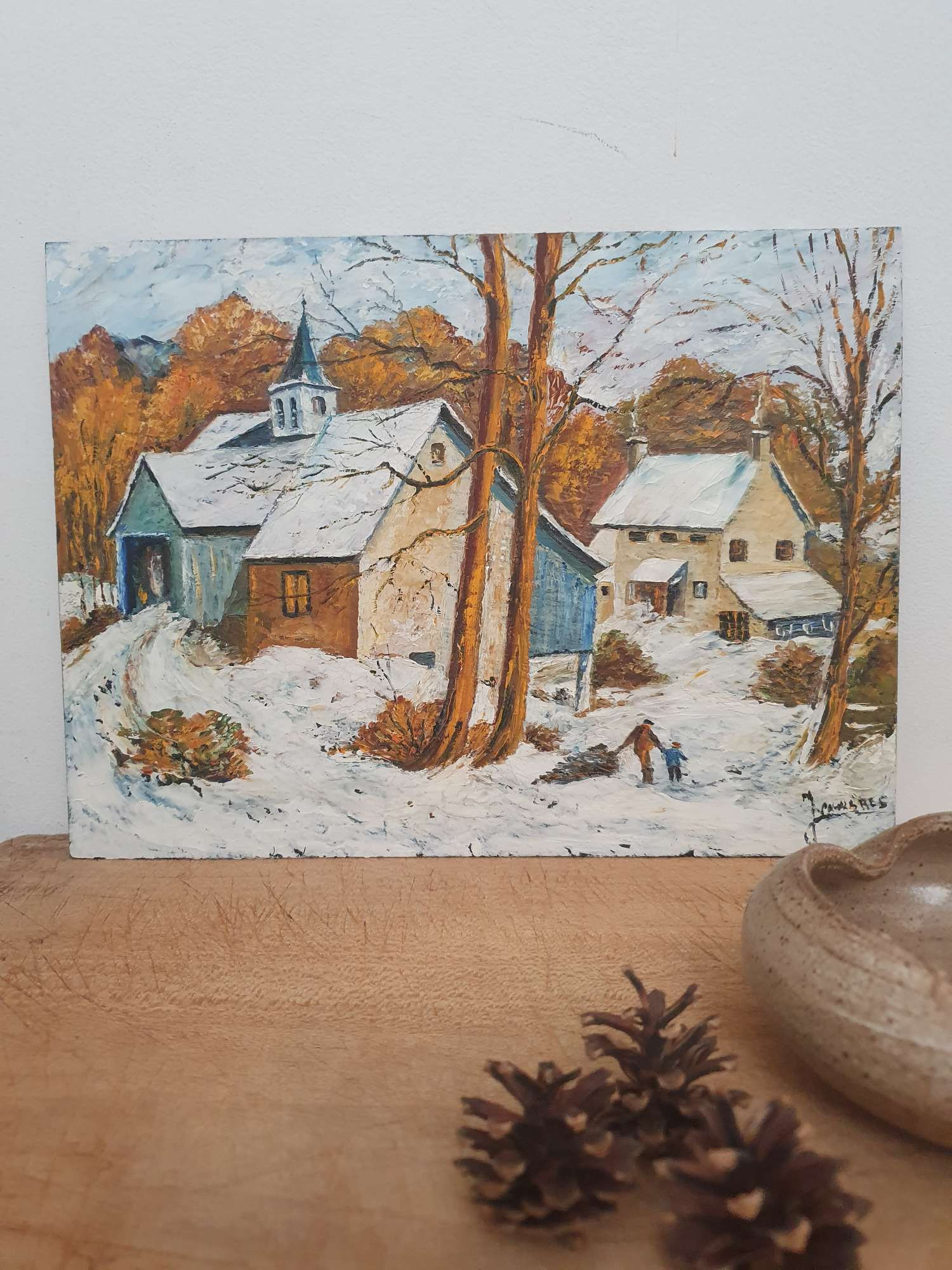 Huile sur ardoise Village d'Hiver