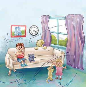 This cheeky elephant sitting quietly makes number 7. Description: Gentle illustration of a curly-haired child (Alex) in a striped red and white shirt sitting thoughtfully on a beige couch, the small light-grey plush elephant is placed next to Alex. In the foreground, Alex’s sister with blonde curls in a pink dress dances with a small labrador dog (Bobby) on its hind legs, while the larger golden labrador Marley peeks over the couch back. Swirling musical notes and symbols float through the room, with a wall clock showing around 20 minutes past 5 o’clock (5:20), a family photo on the wall, and purple curtains framing a bright window. Illustrated by Bridget Acreman.