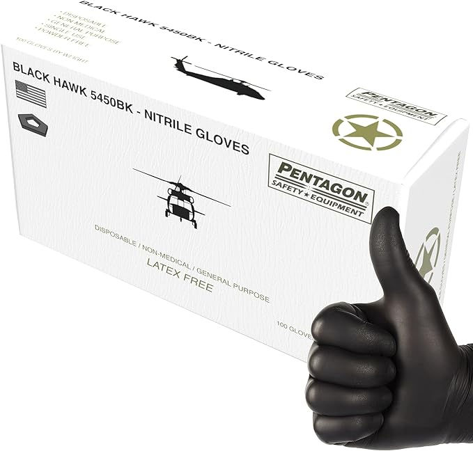 Hand wearing glove holding up a thumbs up next to the box the gloves come in.