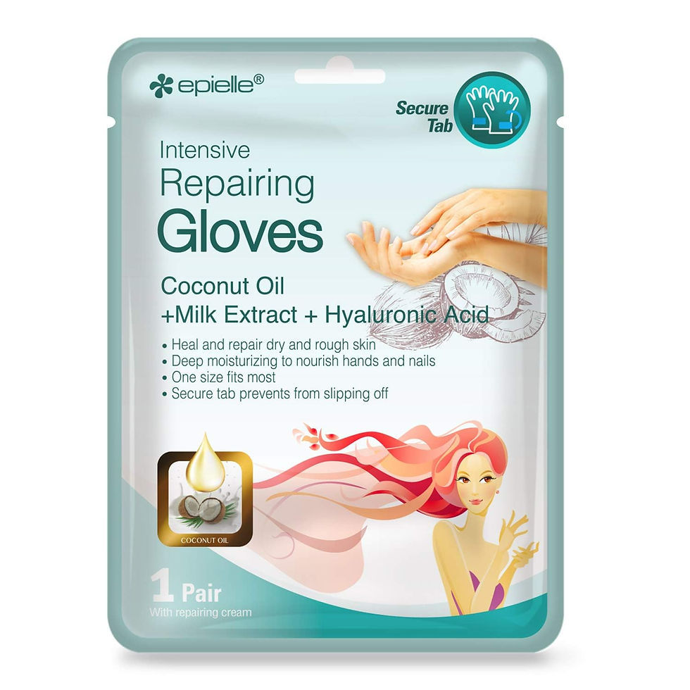 A small package with intensive repairing gloves with coconut oil + milk extract + hyaluronic acid to heal and repair dry and rough skin, deep moisturizing to nourish hands and nails, one size fits most, secure tab prevents from slipping off. Package shows hands that are soft with a coconut underneath them.