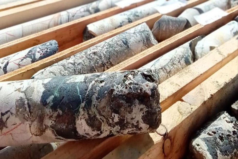 American West Metals’ semi-massive visual chalcocite - a 60 per cent copper-filled sulphide - in drill core at its giant Storm copper project in Nunavut, Canada. Credit: File