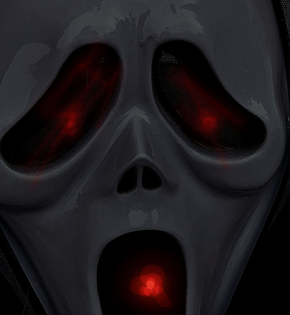 Grimace, mask, face in the dark. It glows red from the eye sockets and the open mouth.