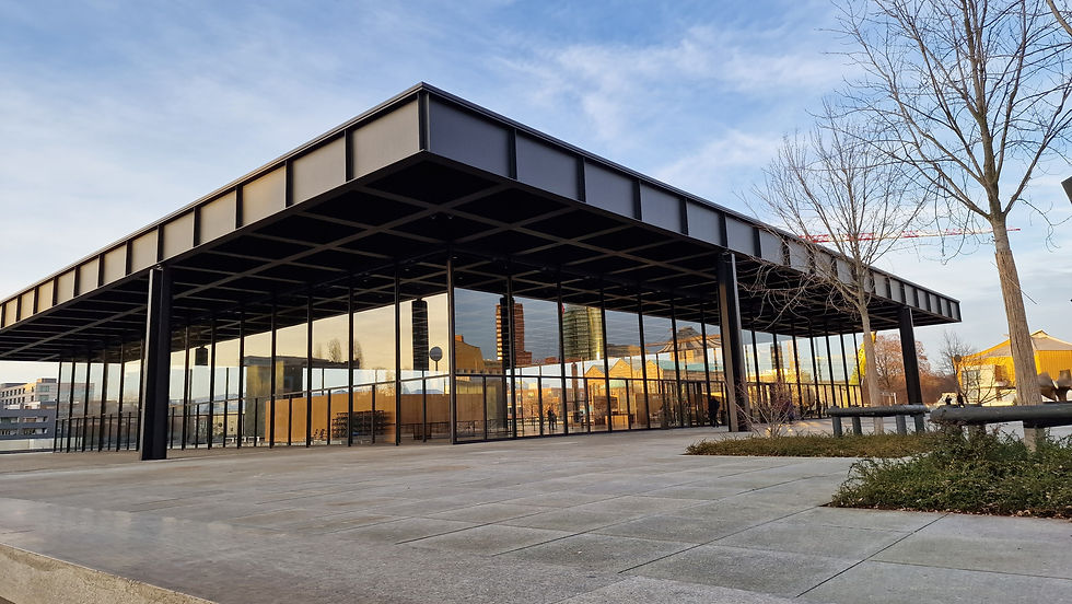 The flat building with its distinctive overhanging flat roof looks like a sandwich.