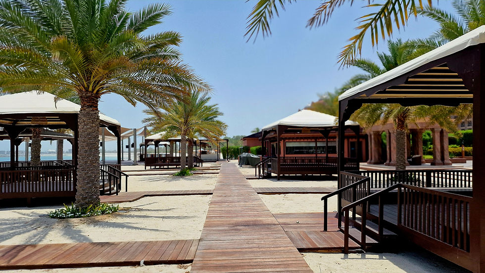 Spacious restaurant pavilions are located under palm trees with a view of the sea.