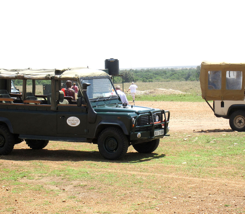 Geländewagen warten an der Buschpiste auf die Gäste für die nächste Safari.