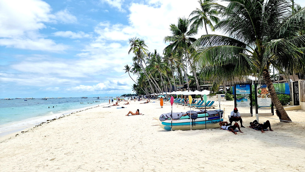 Well-visited palm-lined sandy beach.